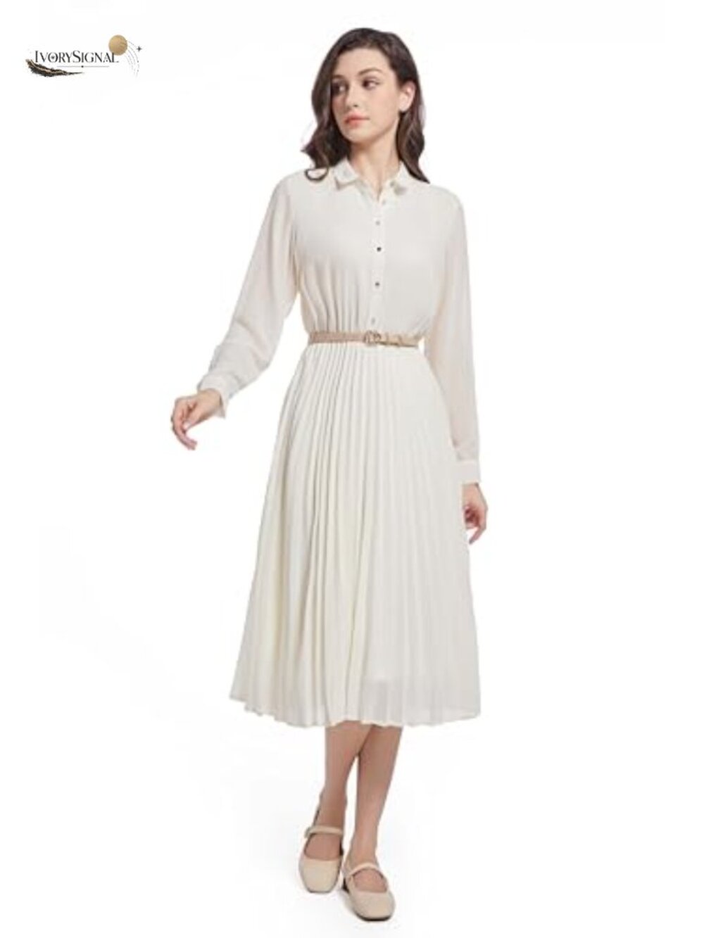 Women's Work Dress with Faux Leather Belt, Business Casual Midi Shirt Dress